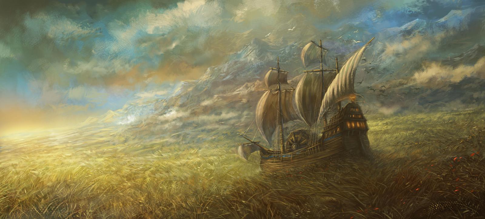 Корабль, идущий через Травяное море с паломниками на борту.